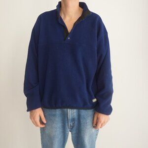 VTG '90S Russell Athletic Navy Fleece Button Collar Outdoor Pull Over Sweater L